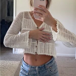 Rebellion Again Vintage Crochet Knit Boho Button-Front Cardigan Size S Cropped